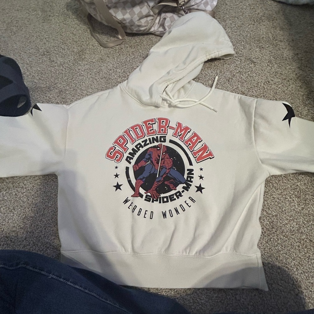 Cropped Marvel Spider-Man White Hoodie with Black Star Details